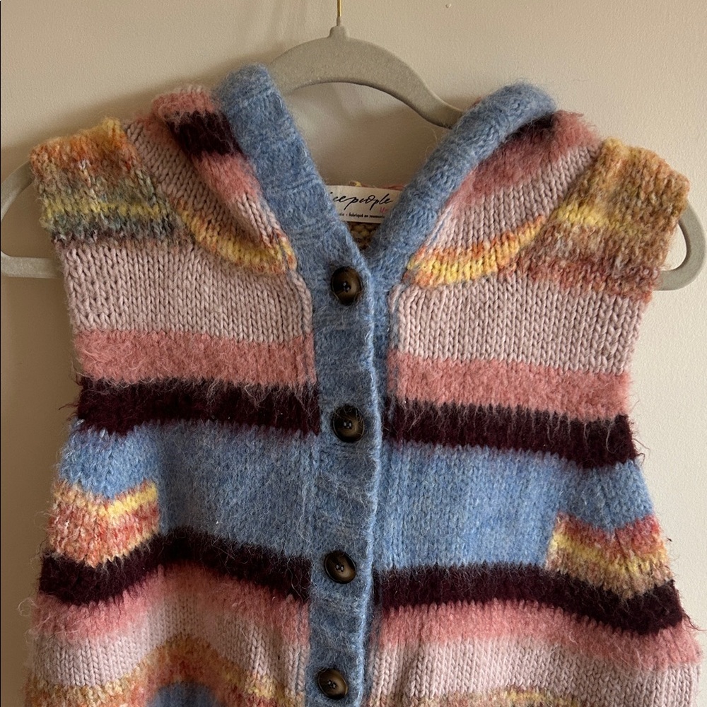 Free People Rosetta Multicolor Striped Knit Hooded Vest large Pink Blue Yellow - Picture 3 of 10